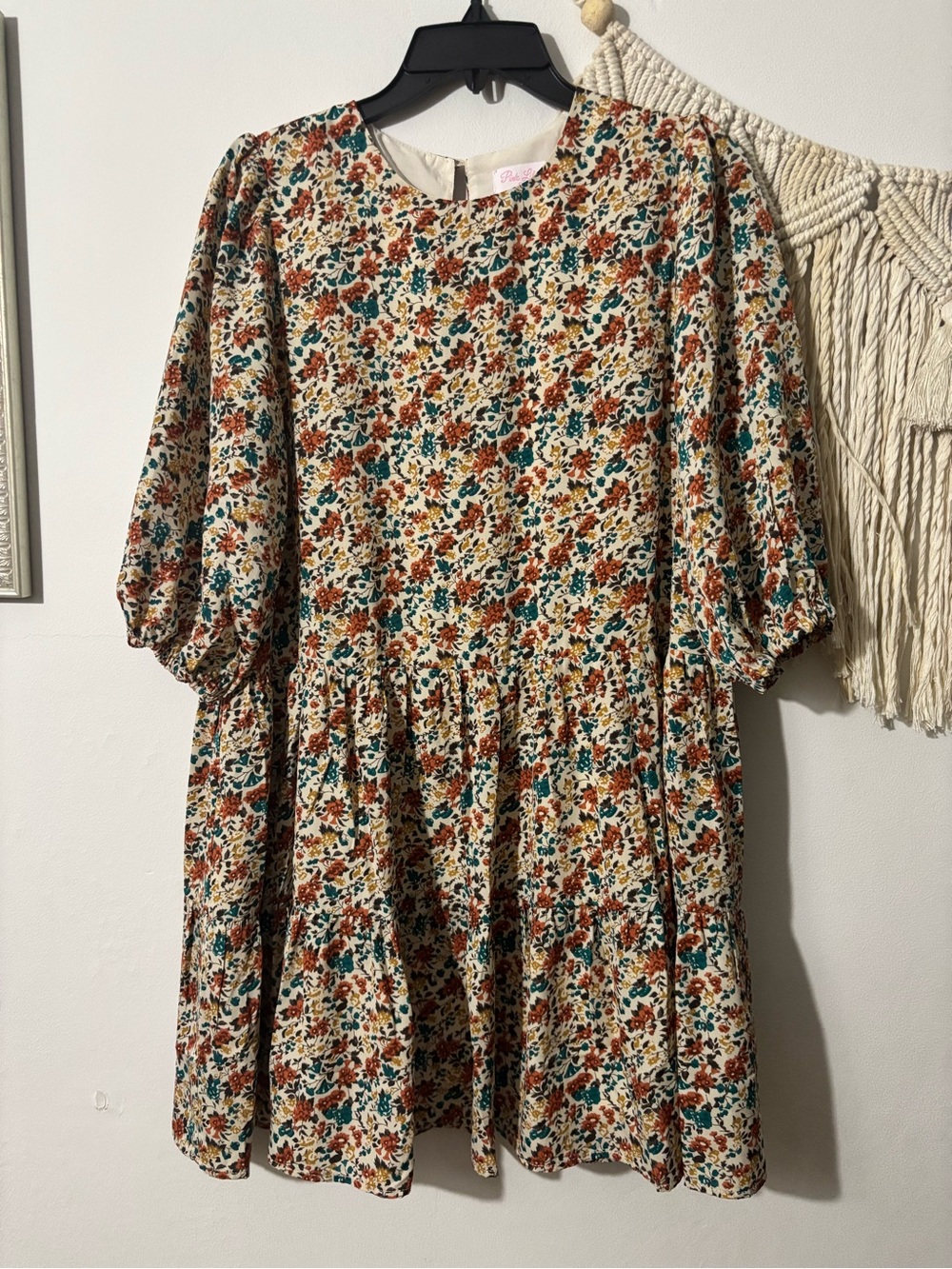 Pink Lily Cream Floral Puff-Sleeve Tiered Dress with Rust & Teal Accents